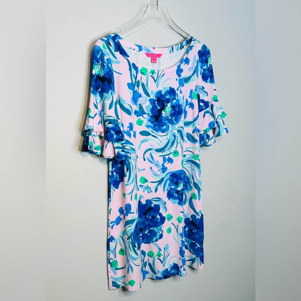 Lilly Pulitzer Lula Pink Tropics Sweet Pea Floral Print Ruffle Sleeve Dress Sz S - Picture 4 of 14